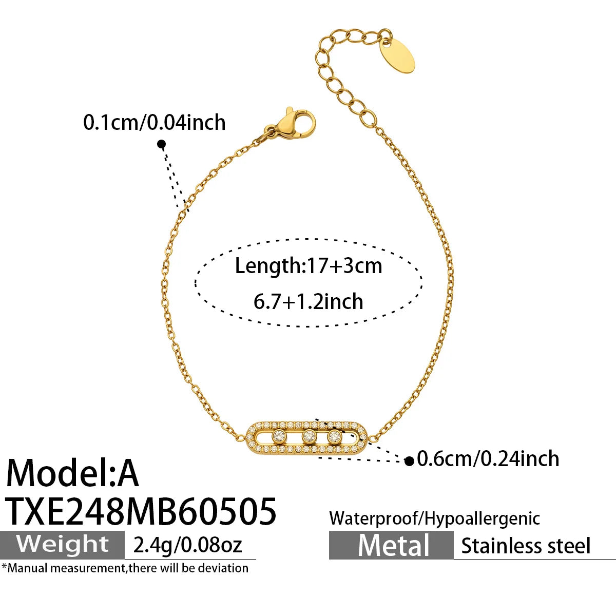 3 Slidable Zircon Necklace Bracelet Ring for Women 18k Gold Plated Stainless Stee Chain Necklaces Bracelets Rings Jewelry Set