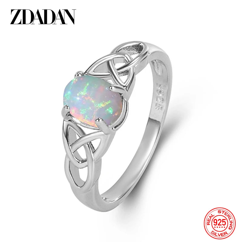 ZDADAN 925 Sterling Silver Oval Opal Ring For Women Girls Fashion Jewelry