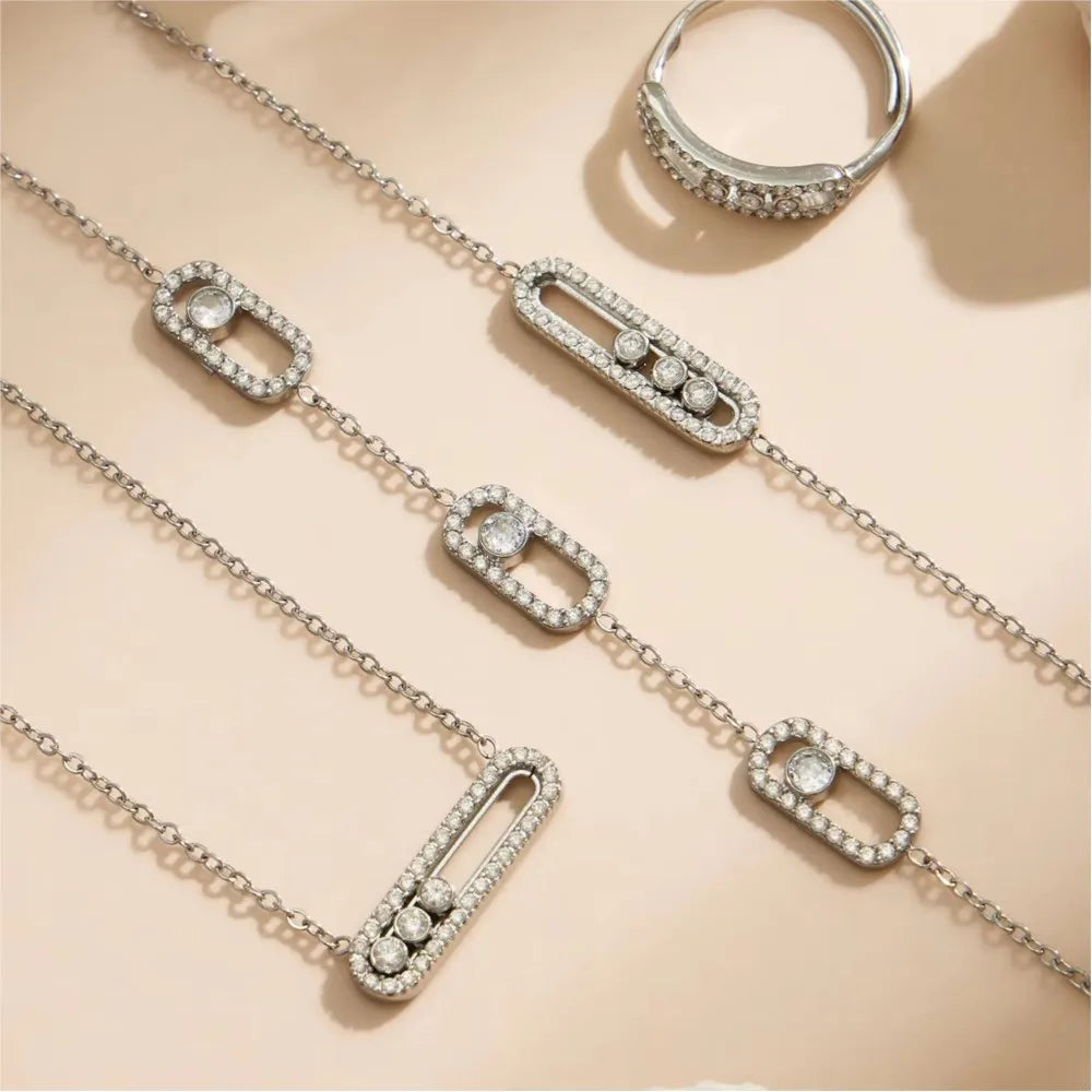 3 Slidable Zircon Necklace Bracelet Ring for Women 18k Gold Plated Stainless Stee Chain Necklaces Bracelets Rings Jewelry Set