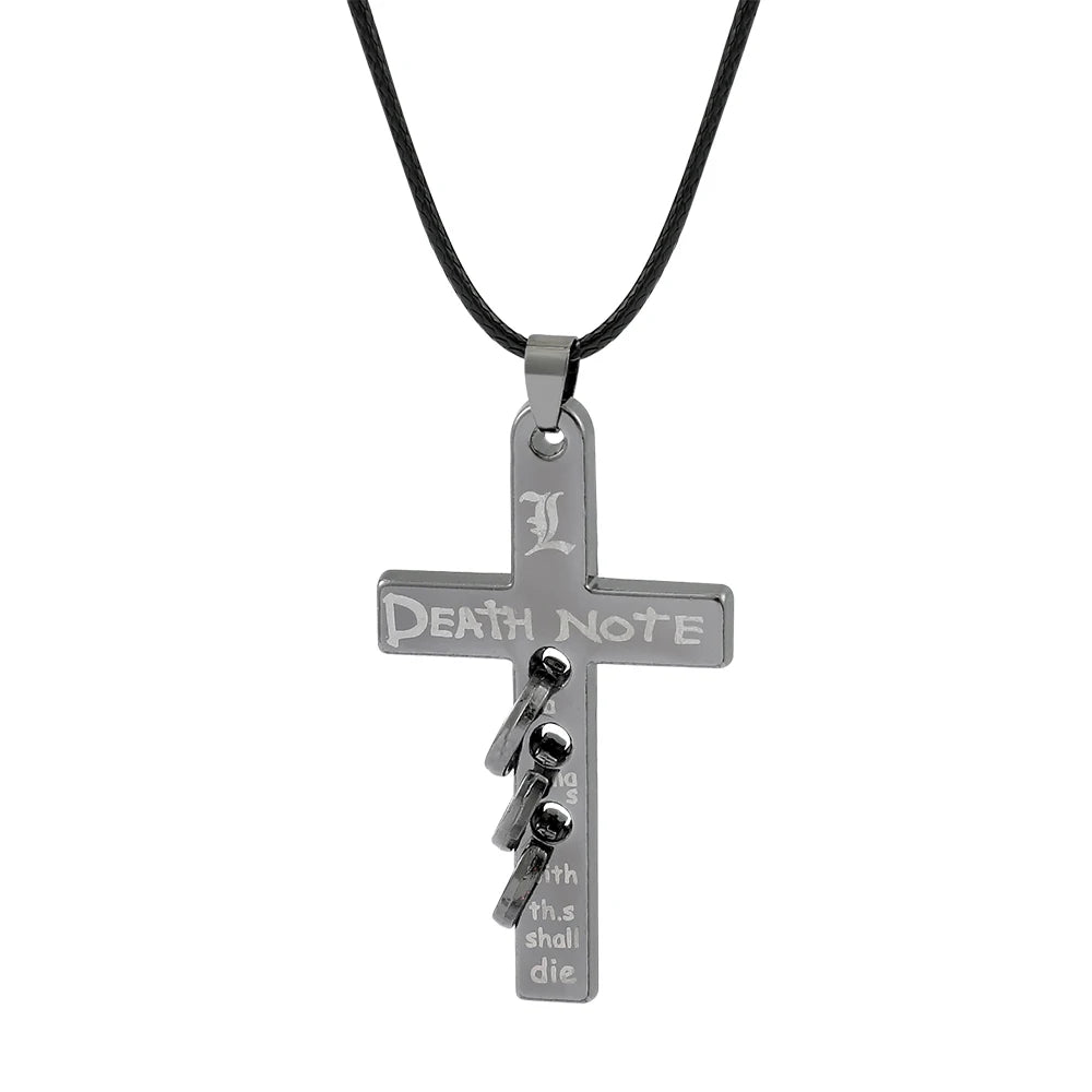 Anime Death Note L Logo Pendant Necklace Cross Black Rope Leather Choker Fashion Mystery Jewelry Accessory for Men Women