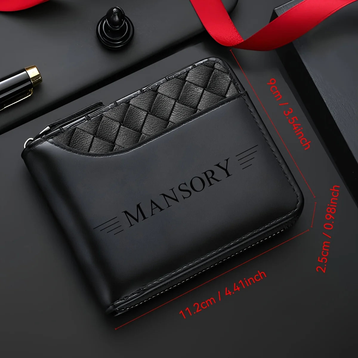 Personalized Luxury Faux Leather Wallet for Men Embossed Top, Smooth Black Faux Leather Body, Zip Closure, Multiple Card Slots