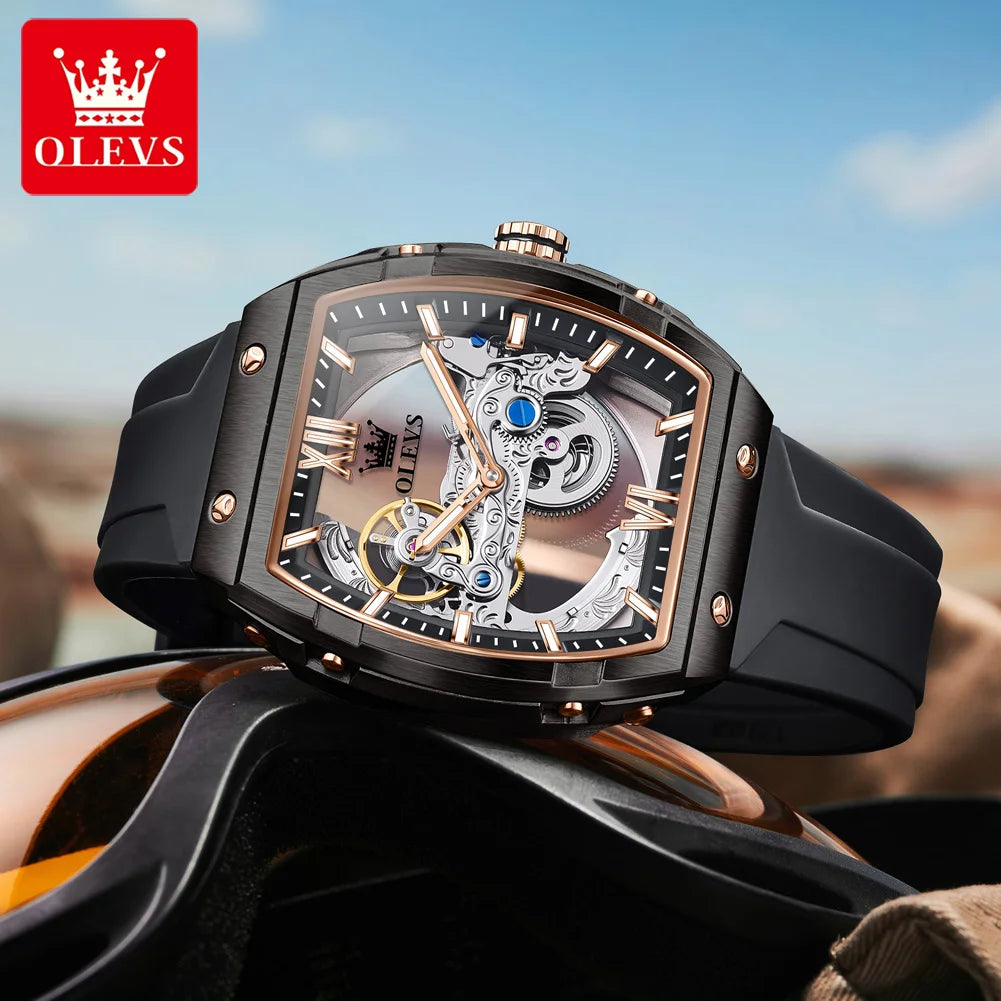 OLEVS Fashion Hollow Mechanical Watches For Men Business Silicone Band Men's Wristwatch Luminous Waterproof Automatic Watch Male