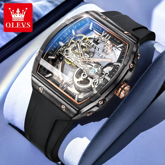 OLEVS Fashion Hollow Mechanical Watches For Men Business Silicone Band Men's Wristwatch Luminous Waterproof Automatic Watch Male