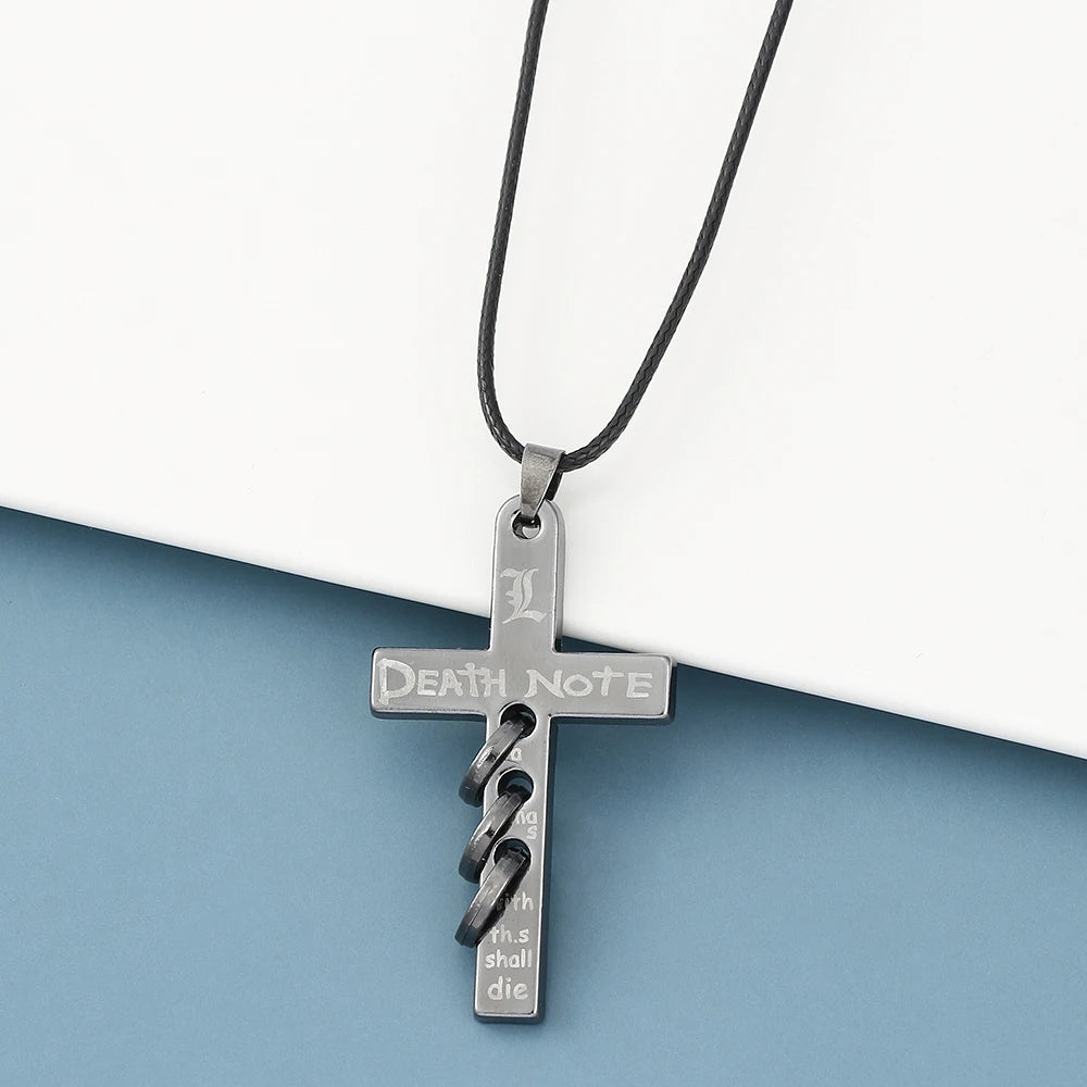 Anime Death Note L Logo Pendant Necklace Cross Black Rope Leather Choker Fashion Mystery Jewelry Accessory for Men Women