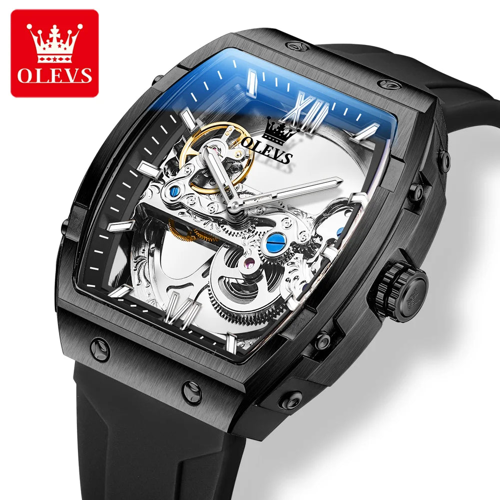 OLEVS Fashion Hollow Mechanical Watches For Men Business Silicone Band Men's Wristwatch Luminous Waterproof Automatic Watch Male
