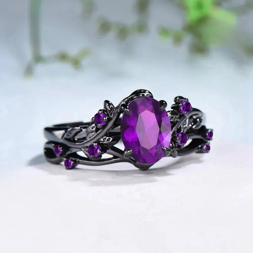 2Pcs/Set Fashion Black Gold Color Purple Rhinestone Zircon Rings For Women Full Crystal Rings Wedding Engagement Jewelry Gifts