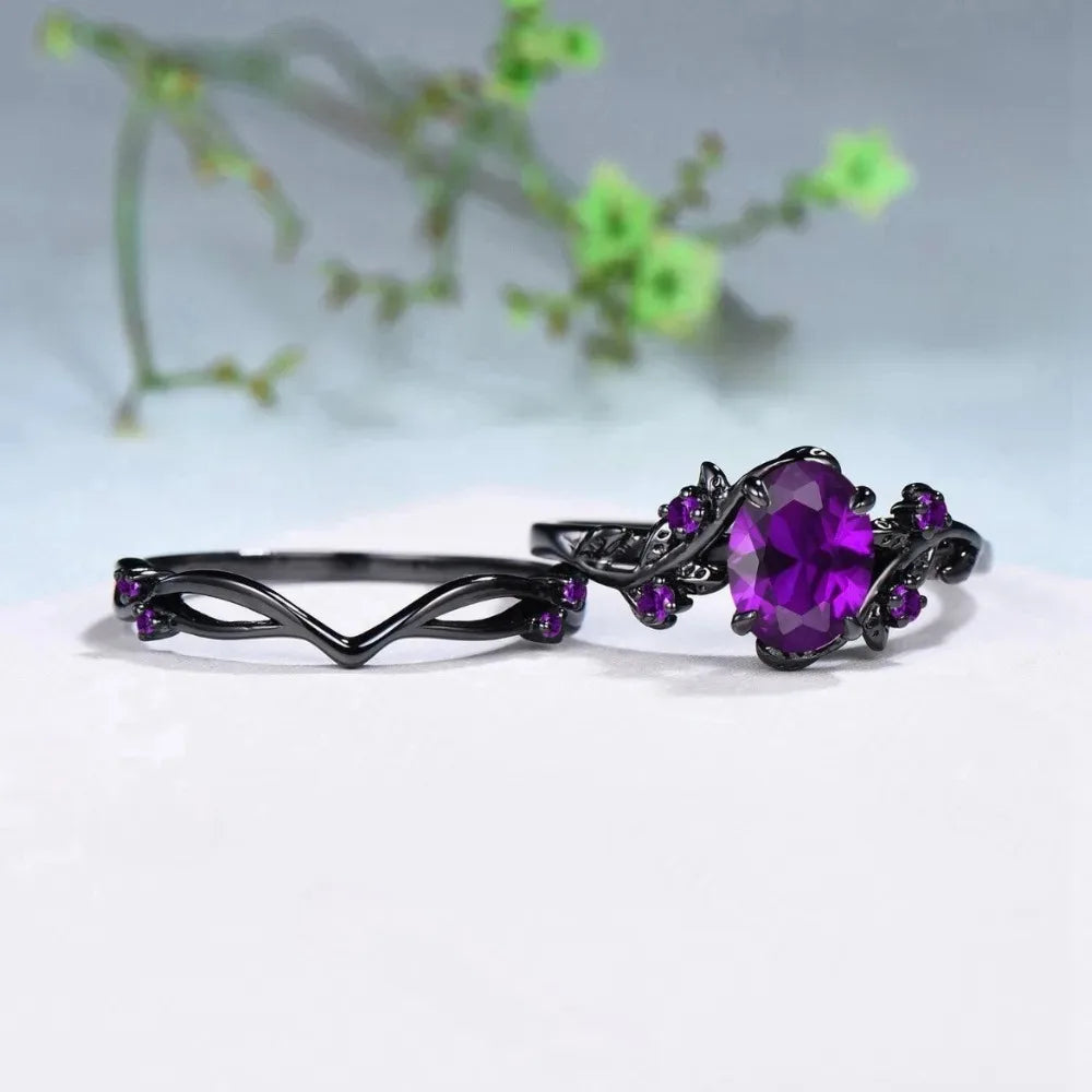 2Pcs/Set Fashion Black Gold Color Purple Rhinestone Zircon Rings For Women Full Crystal Rings Wedding Engagement Jewelry Gifts