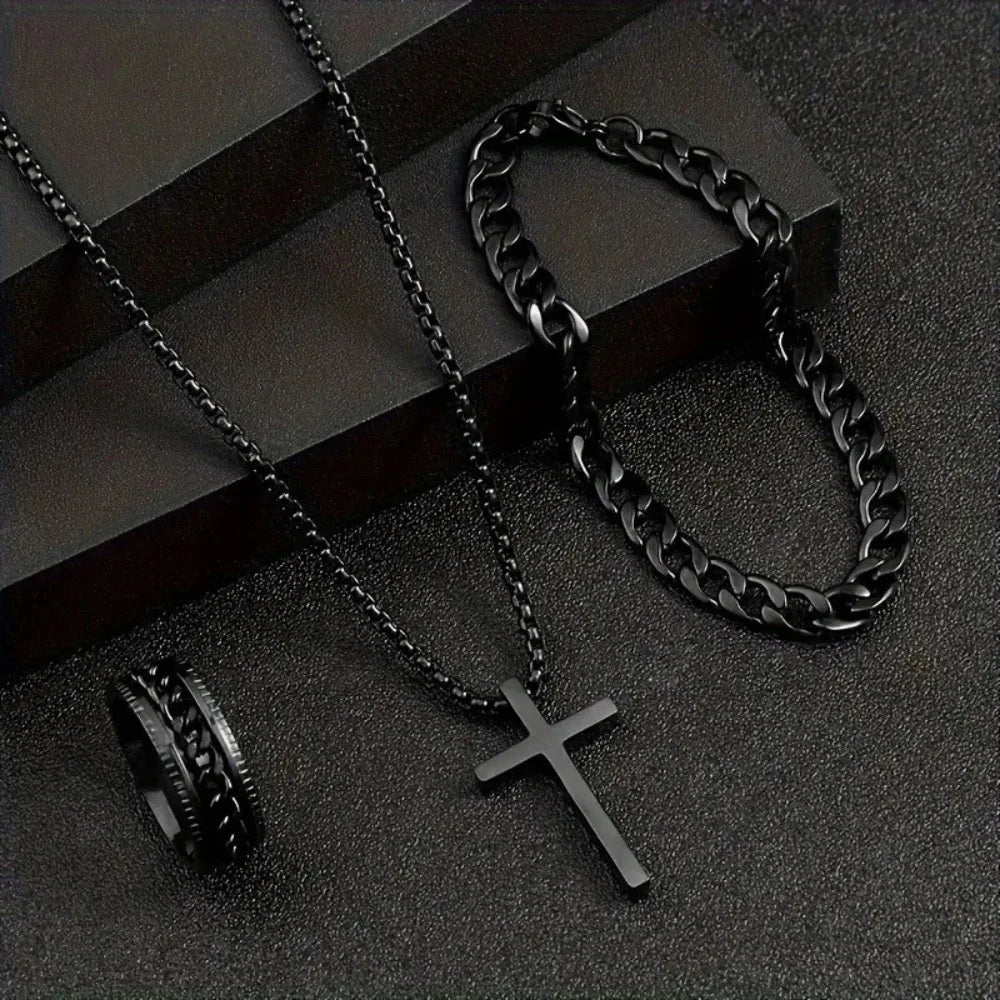 3pcs Set Men's Metal Cross Pendant Chain Necklace Bracelet Ring Jewelry Set Male Hip Hop Daily Wear Accessories