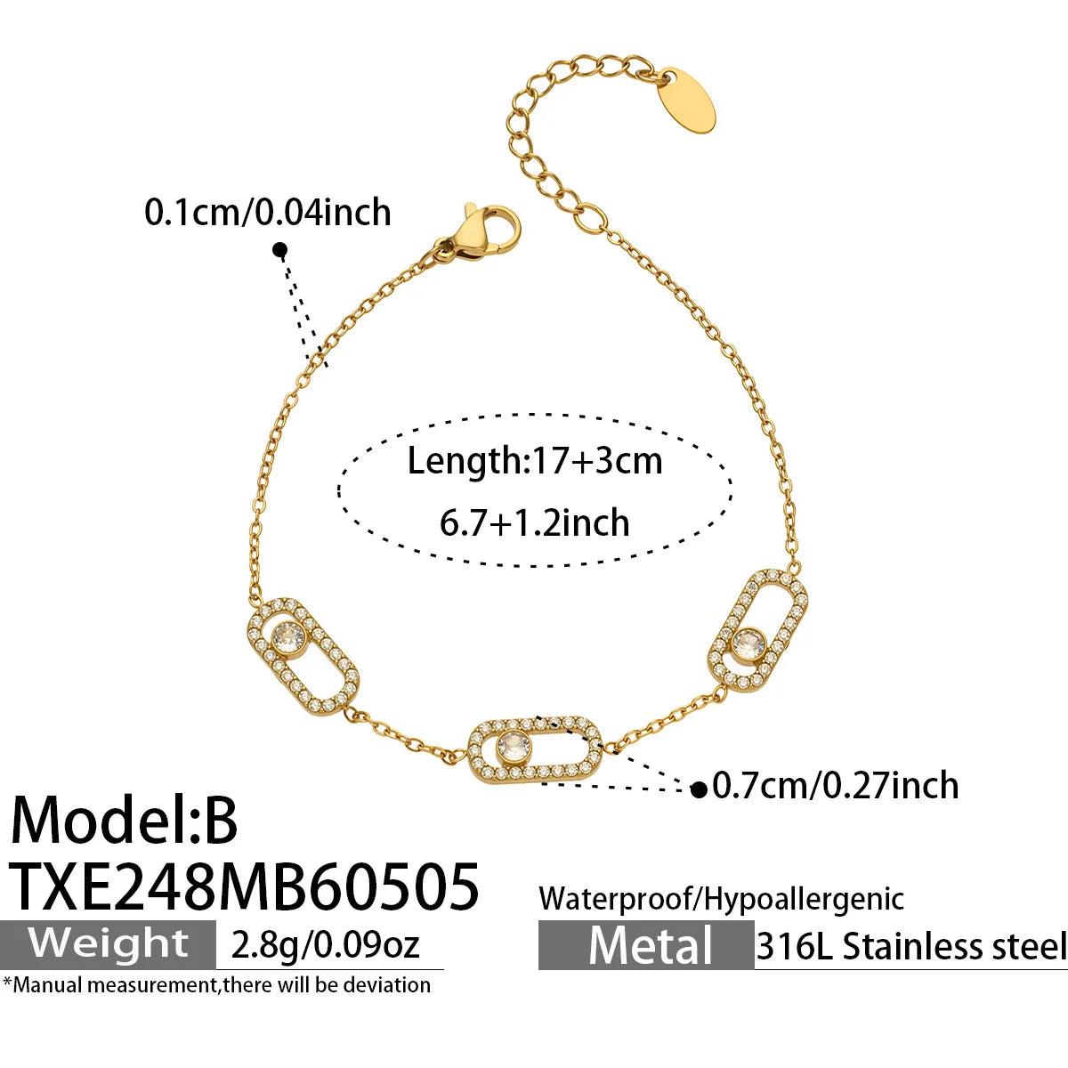 3 Slidable Zircon Necklace Bracelet Ring for Women 18k Gold Plated Stainless Stee Chain Necklaces Bracelets Rings Jewelry Set