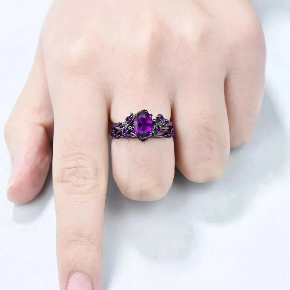 2Pcs/Set Fashion Black Gold Color Purple Rhinestone Zircon Rings For Women Full Crystal Rings Wedding Engagement Jewelry Gifts