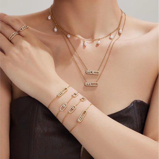 3 Slidable Zircon Necklace Bracelet Ring for Women 18k Gold Plated Stainless Stee Chain Necklaces Bracelets Rings Jewelry Set