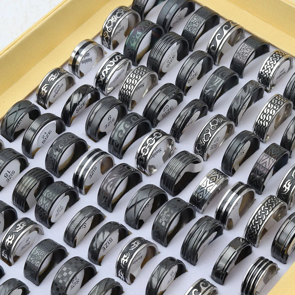 24Pcs/Lot Classic Stainless Steel Rings For Women Men Mix Style Fashion Black Drop Oil Jewelry Party Gifts