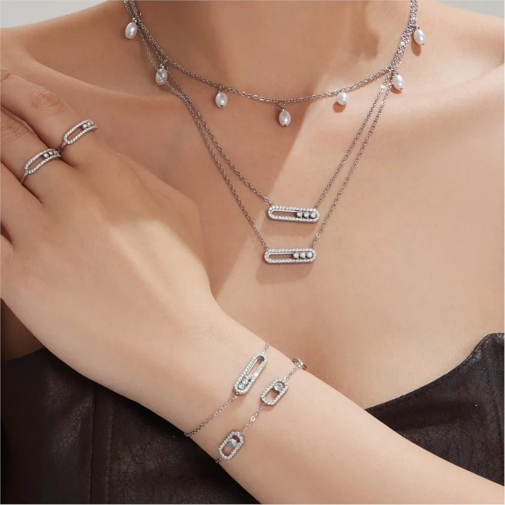 3 Slidable Zircon Necklace Bracelet Ring for Women 18k Gold Plated Stainless Stee Chain Necklaces Bracelets Rings Jewelry Set