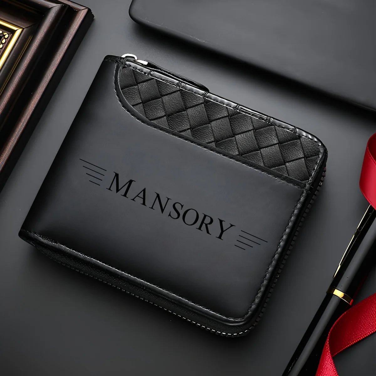 Personalized Luxury Faux Leather Wallet for Men Embossed Top, Smooth Black Faux Leather Body, Zip Closure, Multiple Card Slots
