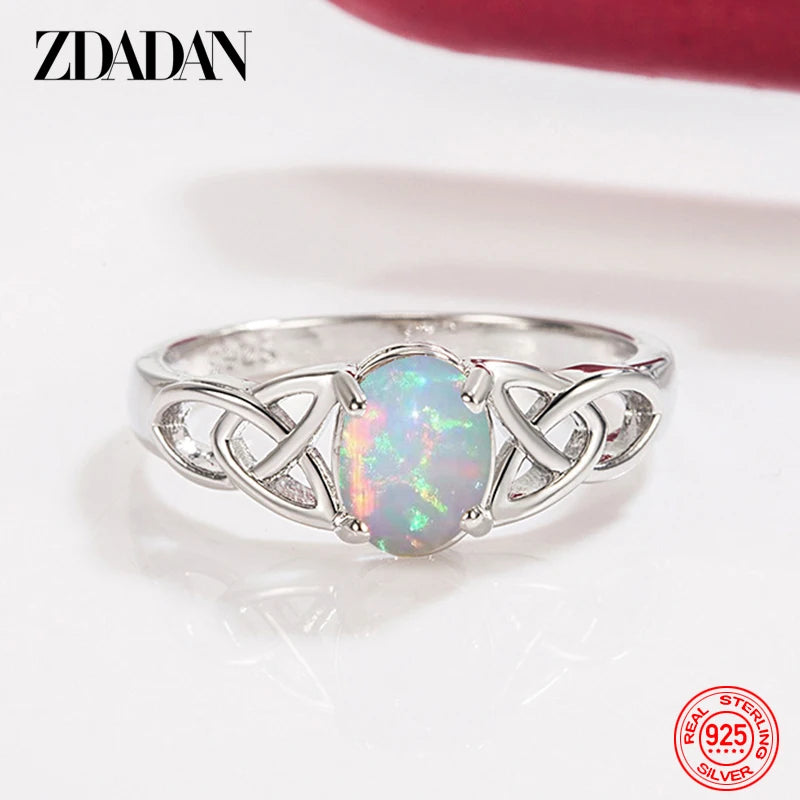 ZDADAN 925 Sterling Silver Oval Opal Ring For Women Girls Fashion Jewelry