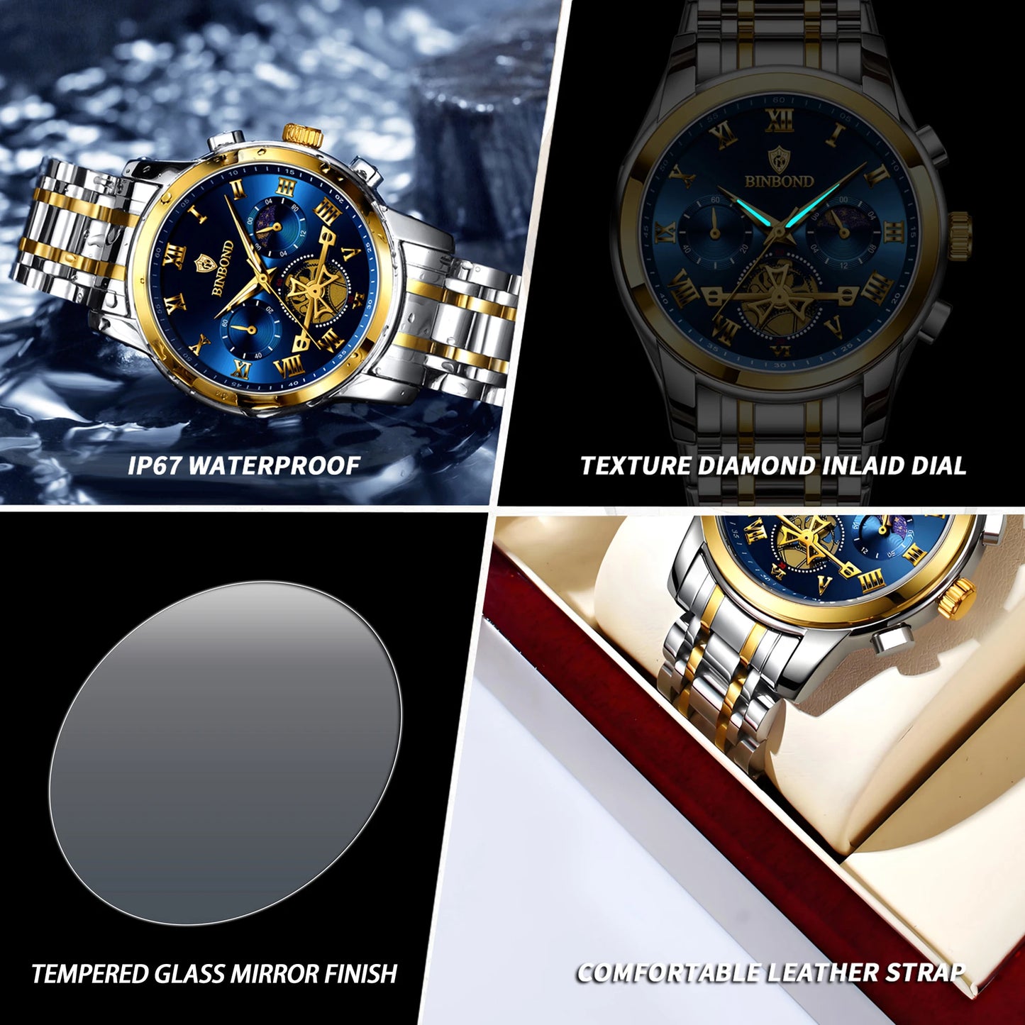BINBOND Business Chronograph Men's Watch Accurate Quartz Watches For Men Luxury Luminous Waterproof Sports Watch Durable Reloj