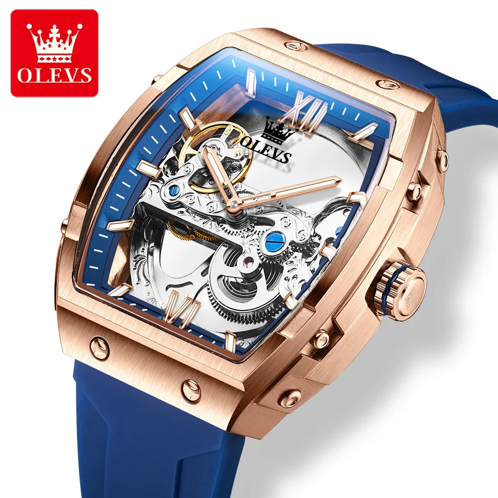 OLEVS Fashion Hollow Mechanical Watches For Men Business Silicone Band Men's Wristwatch Luminous Waterproof Automatic Watch Male