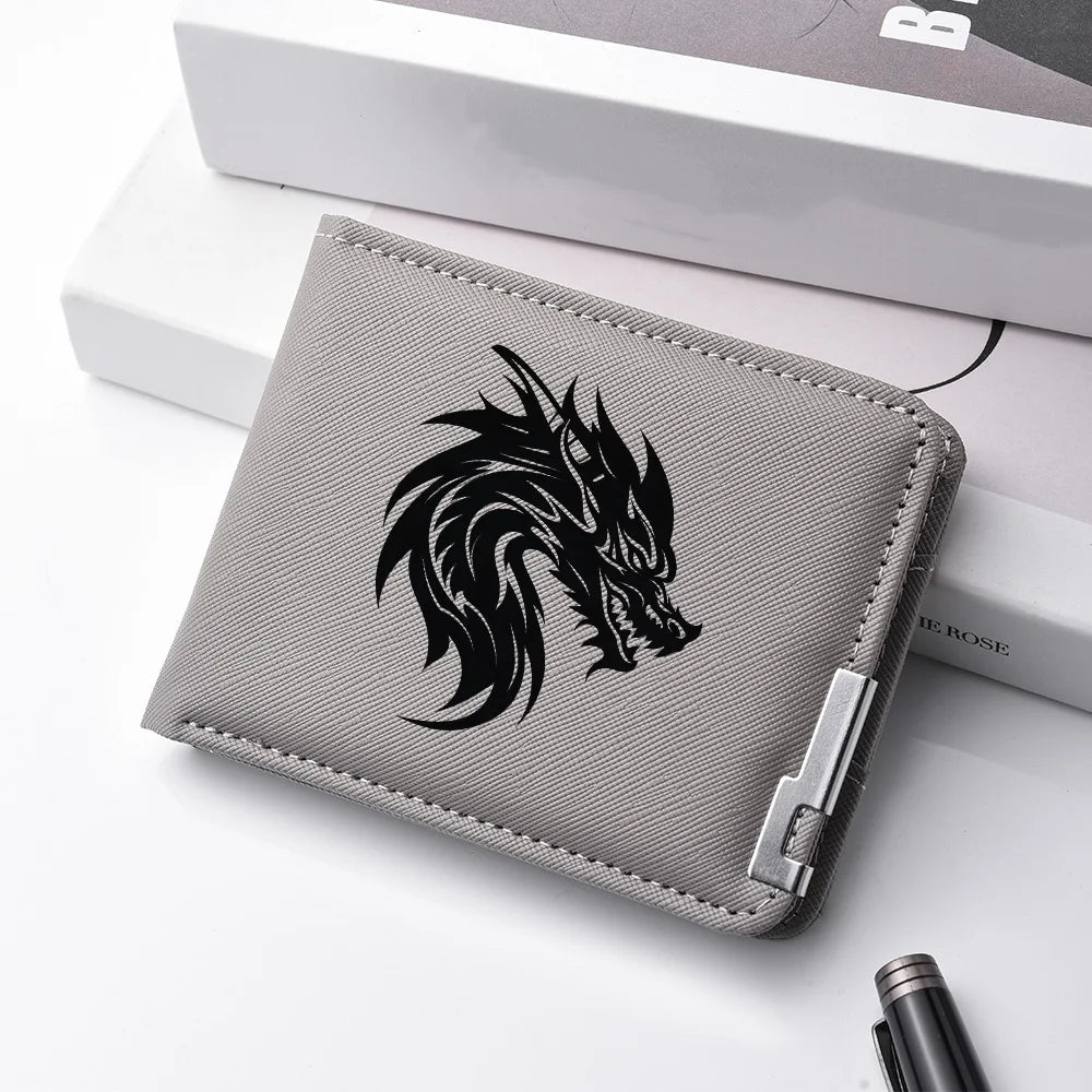 Men's Short Wallet PU Leather with Personalized Dragon Head Pattern Multi-functional Credit Card Storage Wallet
