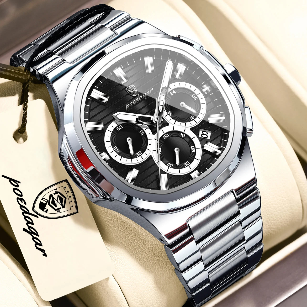 POEDAGAR Top Luxury Man Watch Waterproof Stainless Steel Luminous Men Clock Date Chronograph Quartz Business Men's Watches Reloj
