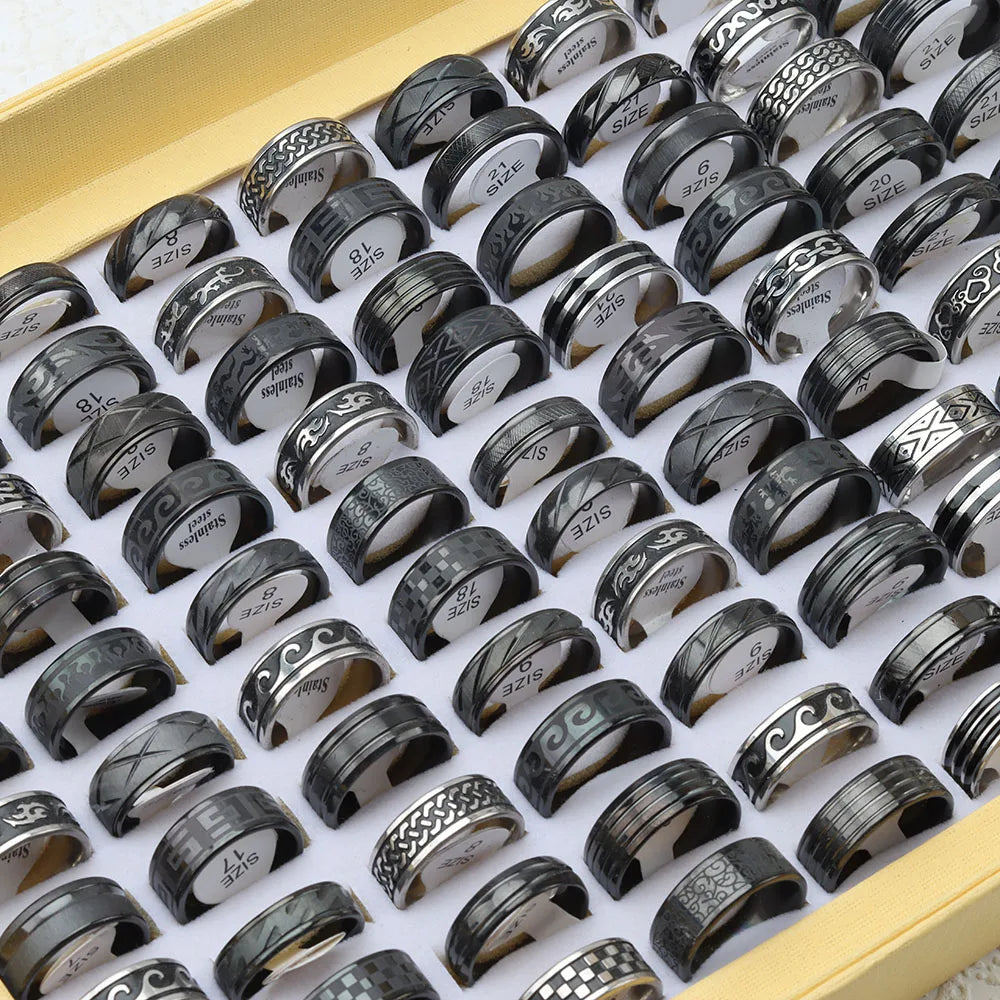 24Pcs/Lot Classic Stainless Steel Rings For Women Men Mix Style Fashion Black Drop Oil Jewelry Party Gifts