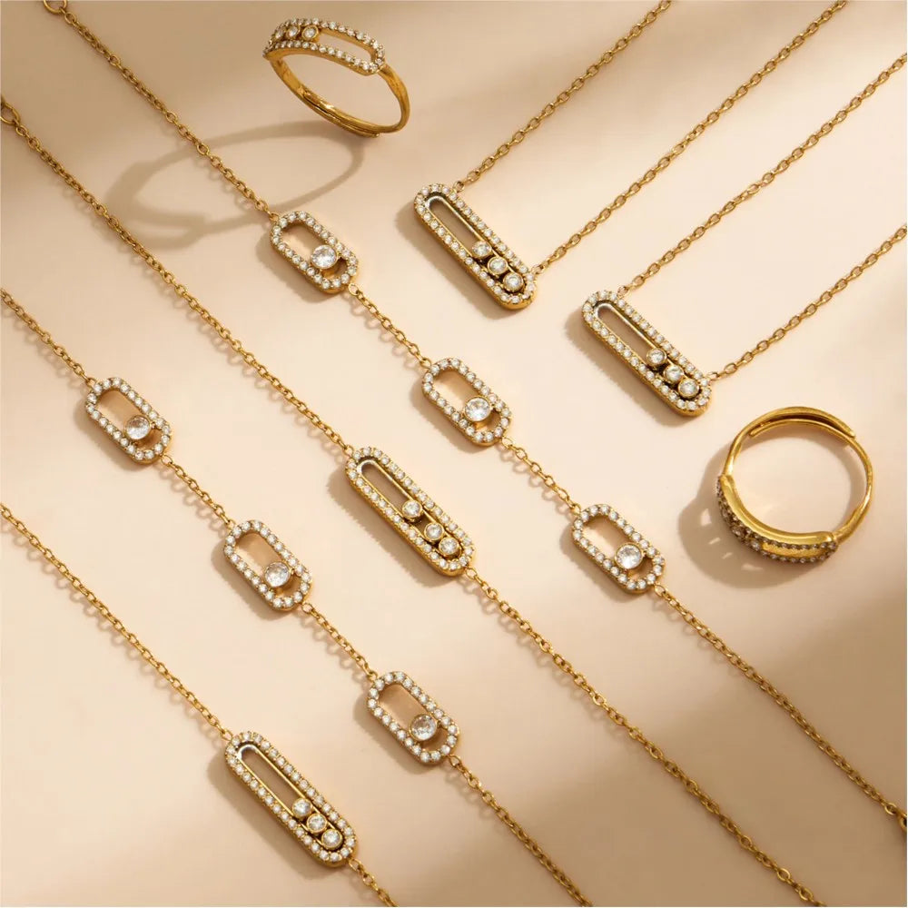 3 Slidable Zircon Necklace Bracelet Ring for Women 18k Gold Plated Stainless Stee Chain Necklaces Bracelets Rings Jewelry Set