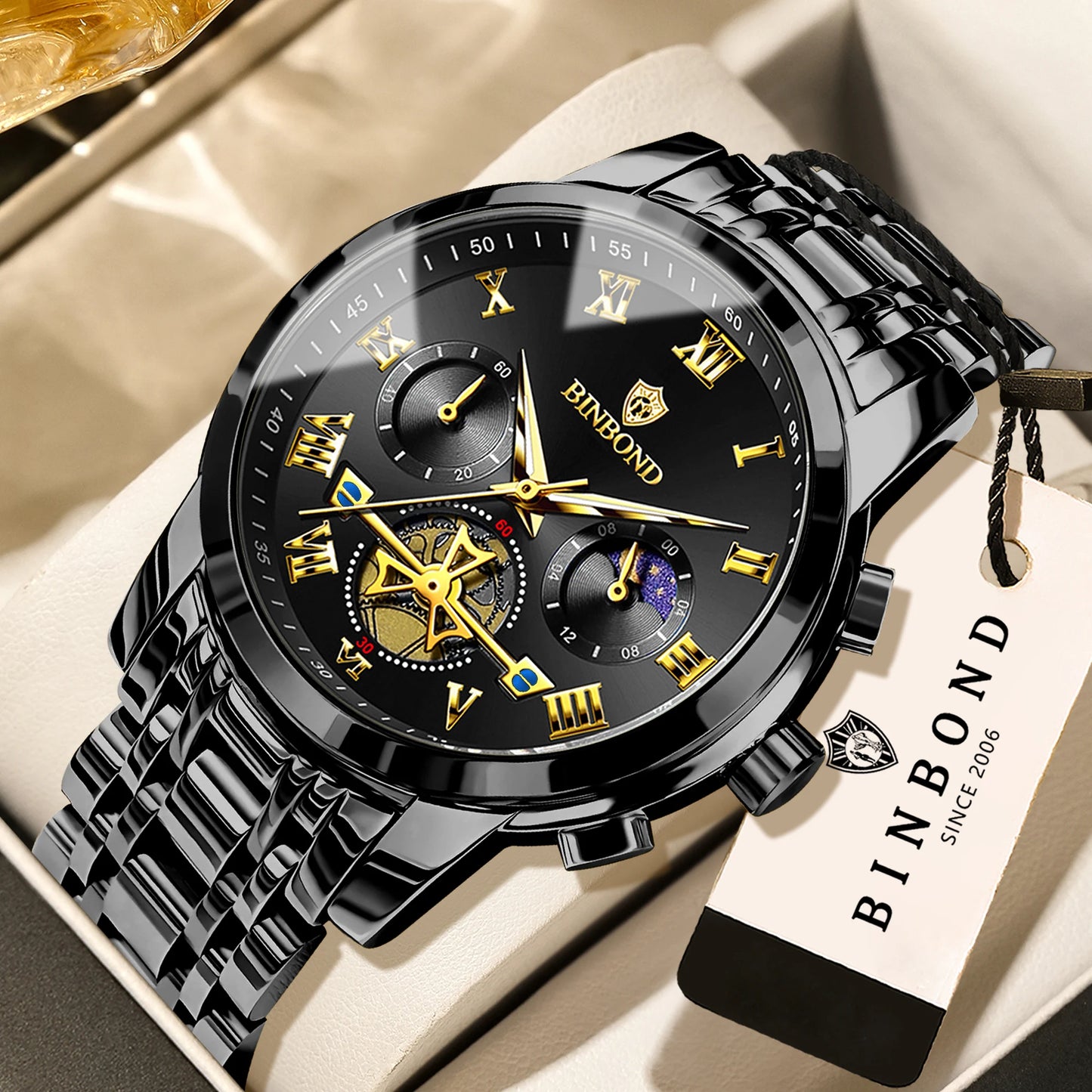 BINBOND Business Chronograph Men's Watch Accurate Quartz Watches For Men Luxury Luminous Waterproof Sports Watch Durable Reloj