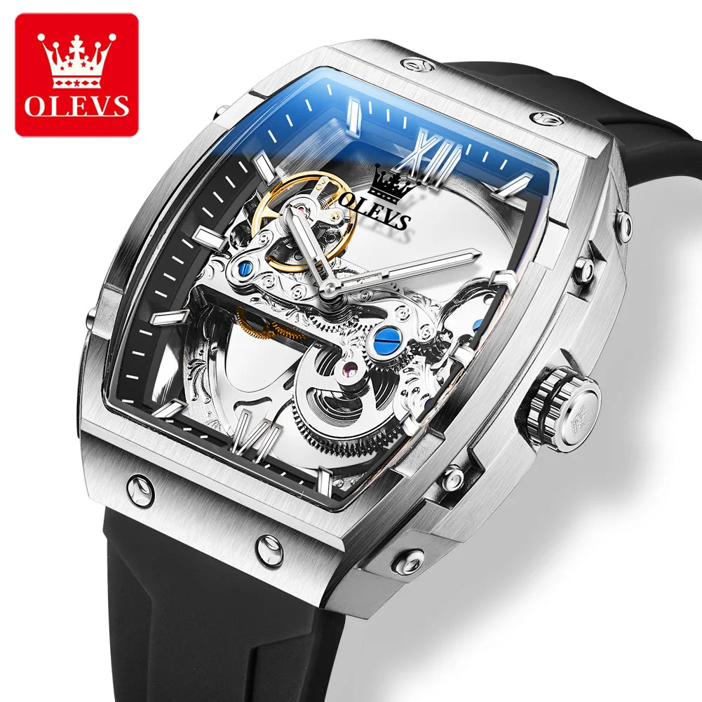 OLEVS Fashion Hollow Mechanical Watches For Men Business Silicone Band Men's Wristwatch Luminous Waterproof Automatic Watch Male