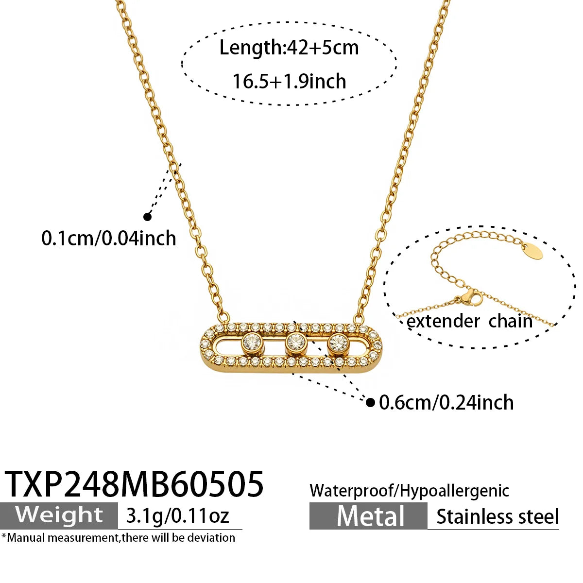 3 Slidable Zircon Necklace Bracelet Ring for Women 18k Gold Plated Stainless Stee Chain Necklaces Bracelets Rings Jewelry Set